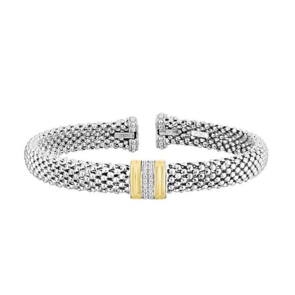 Silver & 18K .10ct Diamond Bars Popcorn Cuff Bangle by Phillip Gavriel - Picture 1 of 2